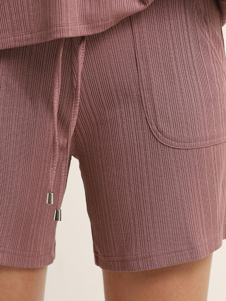 Wunderlove Dark Mauve Ribbed Mid Rise Shorts