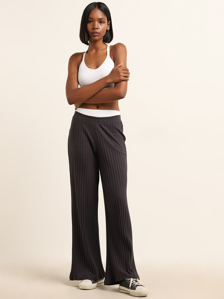 Superstar Dark Grey Cotton Blend Ribbed High-Rise Pants