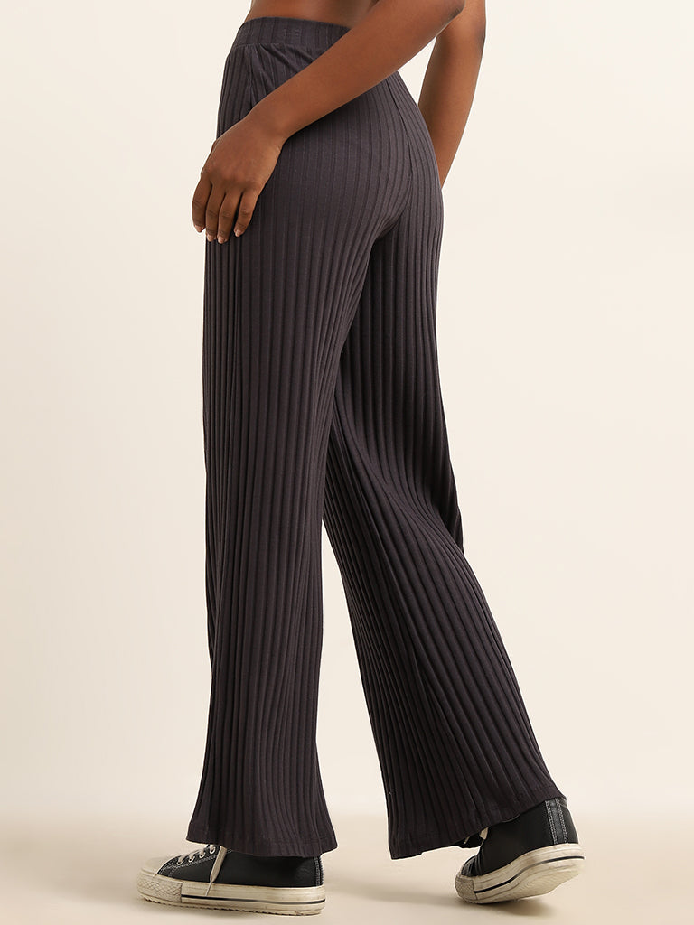 Superstar Dark Grey Cotton Blend Ribbed High-Rise Pants