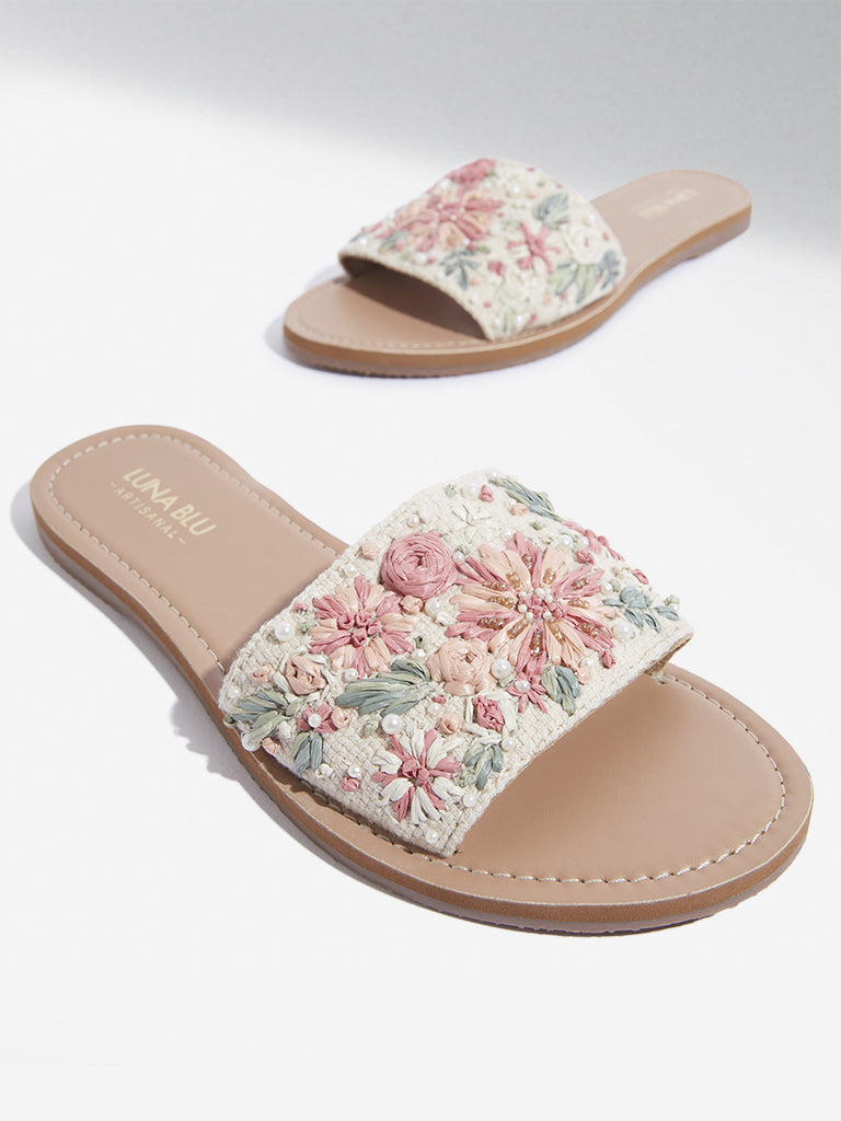 LUNA BLU Blush Pink Floral Embroidered Slides