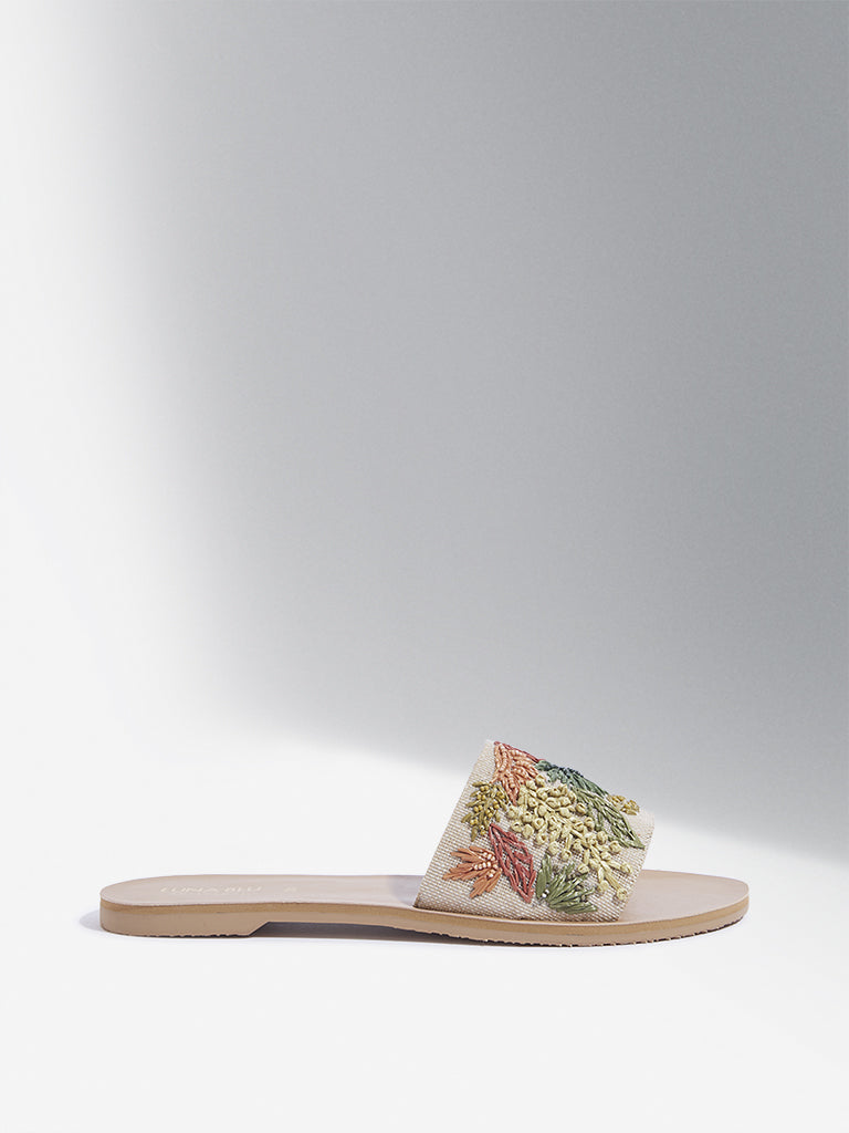 LUNA BLU Green Floral Embroidered Slides