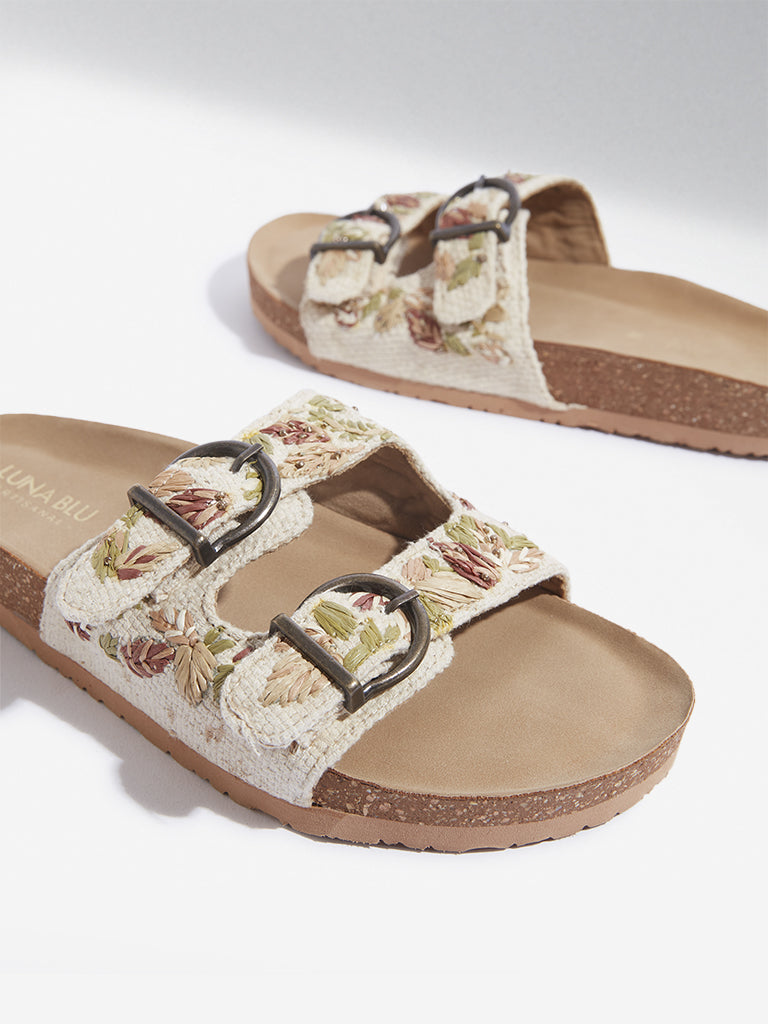 LUNA BLU Tan Floral Embroidered Dual Band Sandals