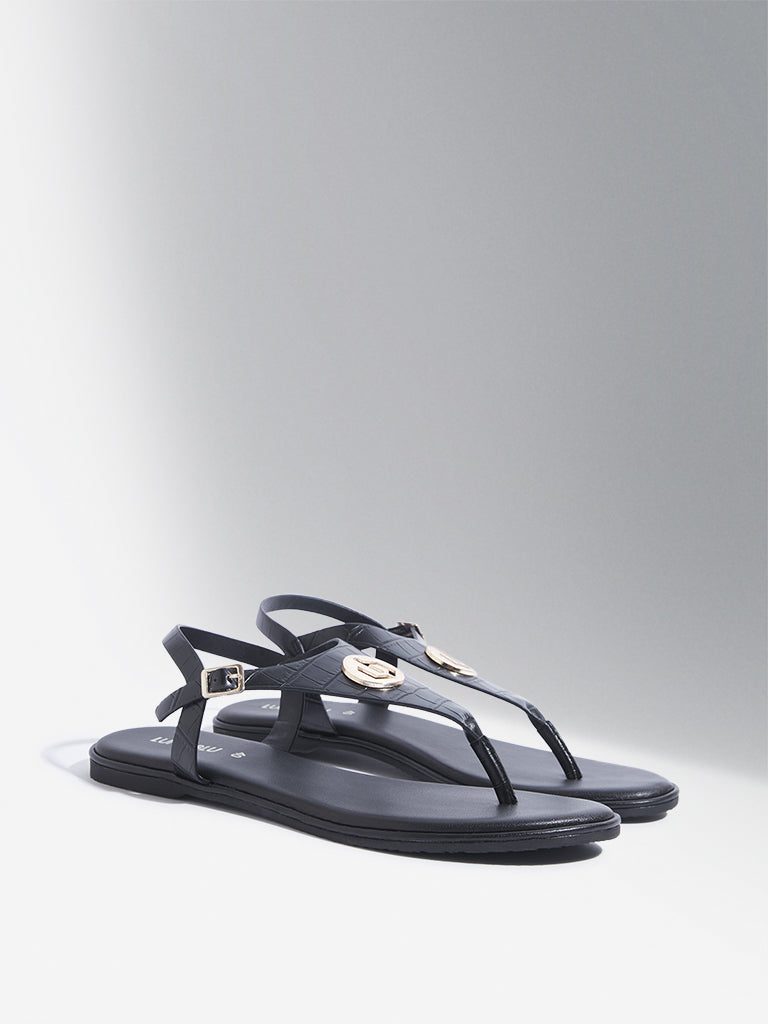 LUNA BLU Black T-Strap Slingback Sandals