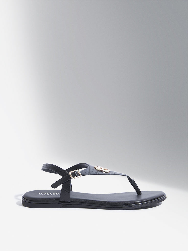 LUNA BLU Black T-Strap Slingback Sandals