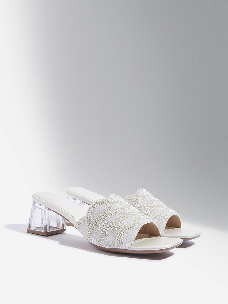 LUNA BLU White Pearlescent Heel Sandals