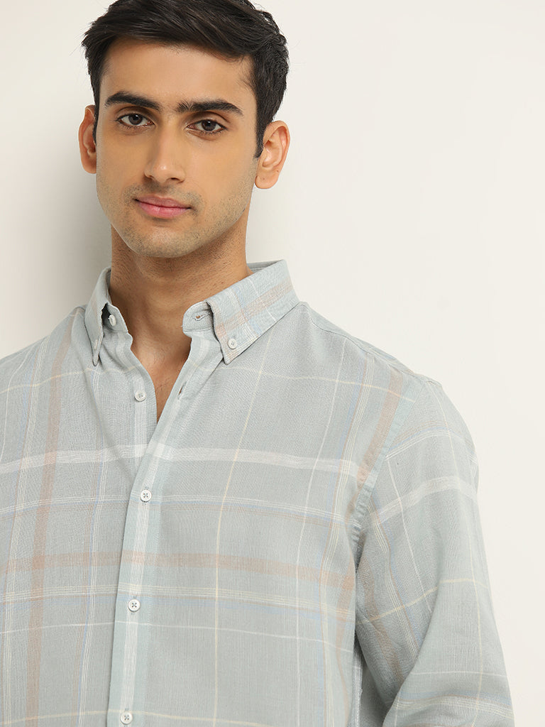 Ascot Teal Checkered Blended Linen Relaxed-Fit Shirt