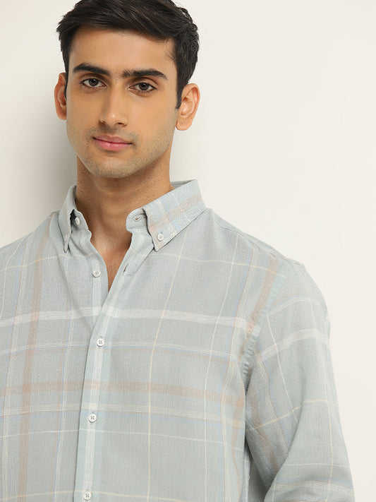 Ascot Teal Checkered Blended Linen Relaxed-Fit Shirt