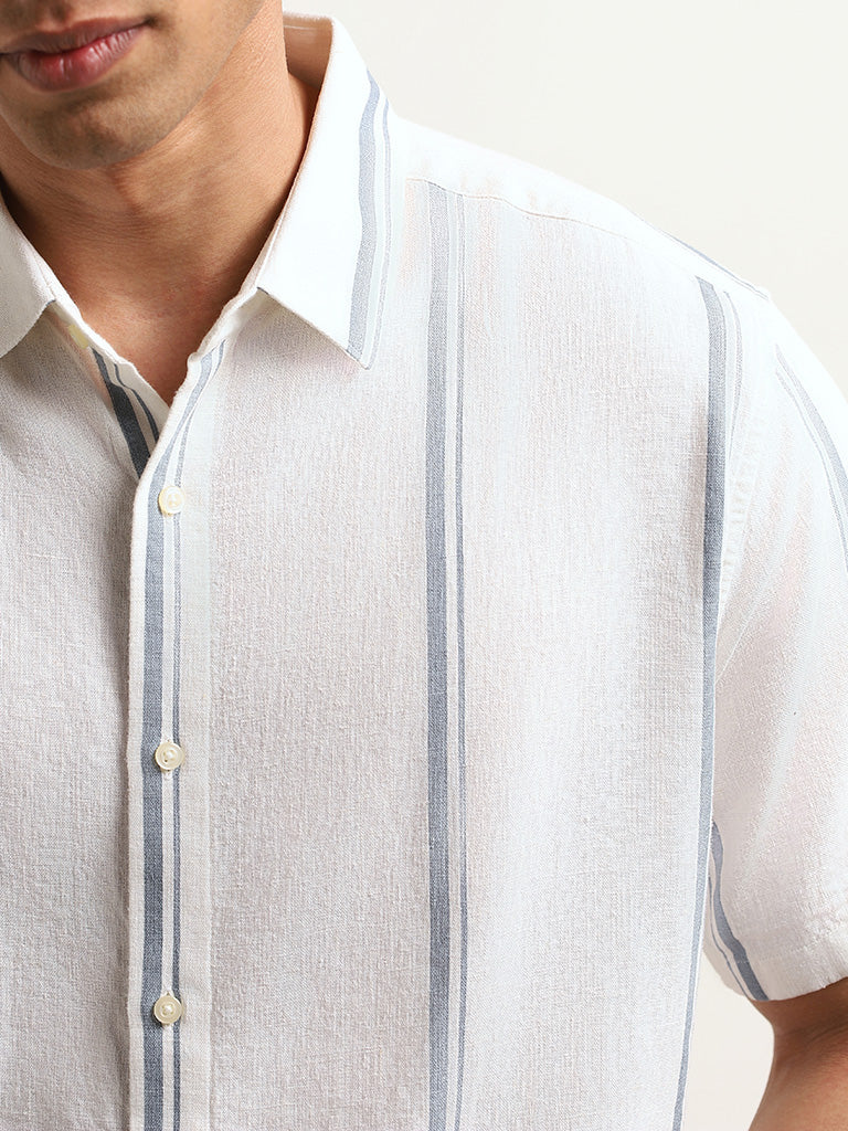 Ascot White Striped Relaxed Fit Blended Linen Shirt