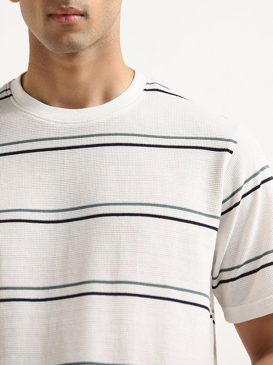 WES Lounge White Stripe Printed Relaxed Fit T-Shirt