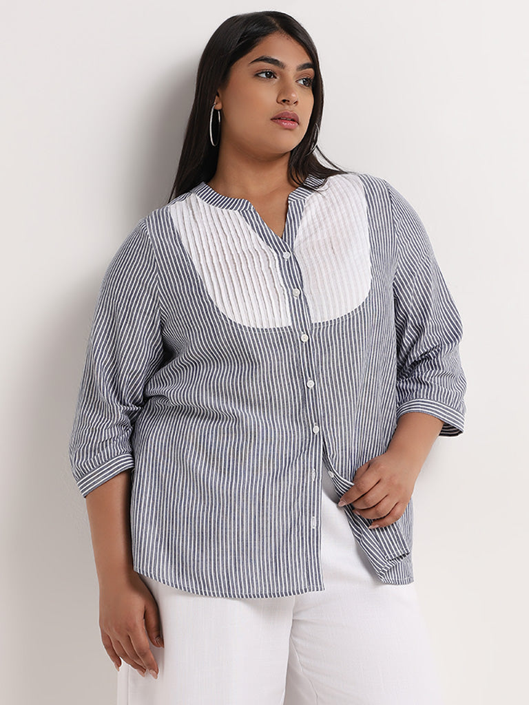 Gia Navy Pintuck Detailed Cotton Shirt