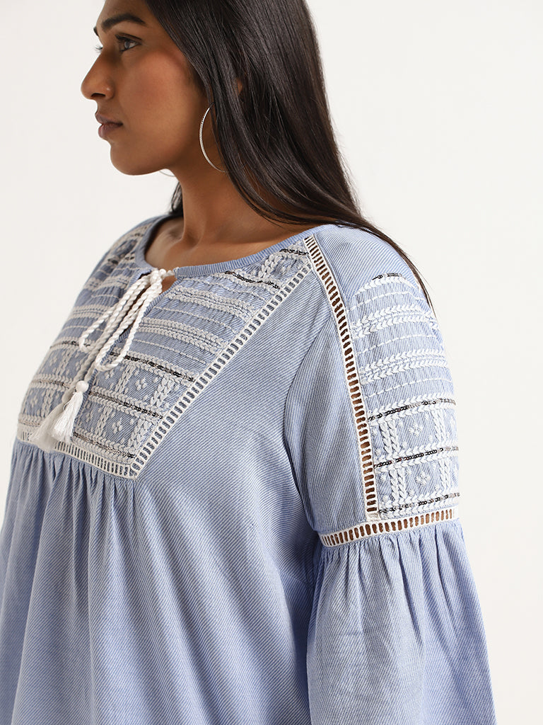 Gia Blue Tie-Up Embroidered Cotton Blend Top