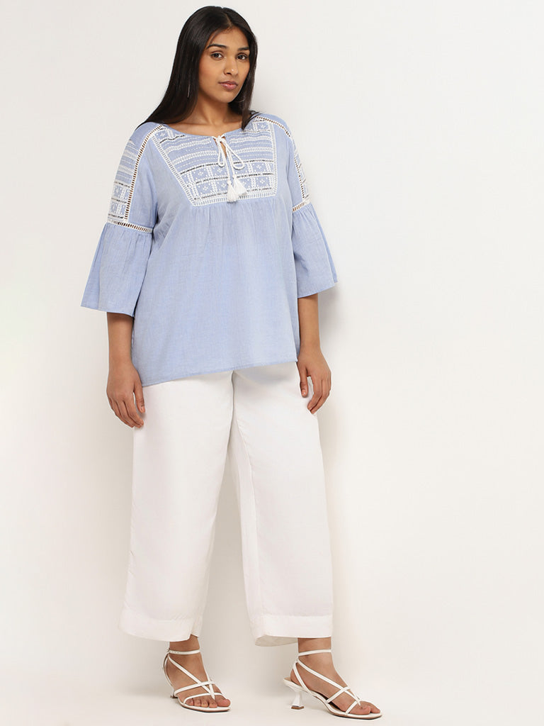 Gia Blue Tie-Up Embroidered Cotton Blend Top