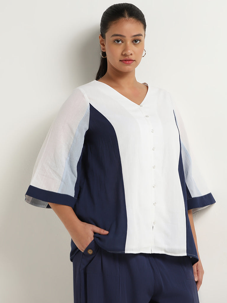 Gia White and Navy Colour Block Cotton Blouse