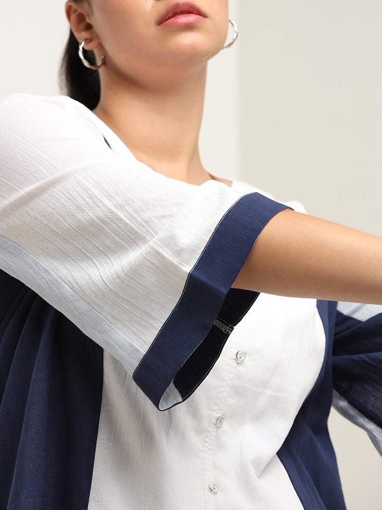 Gia White and Navy Colour Block Cotton Blouse