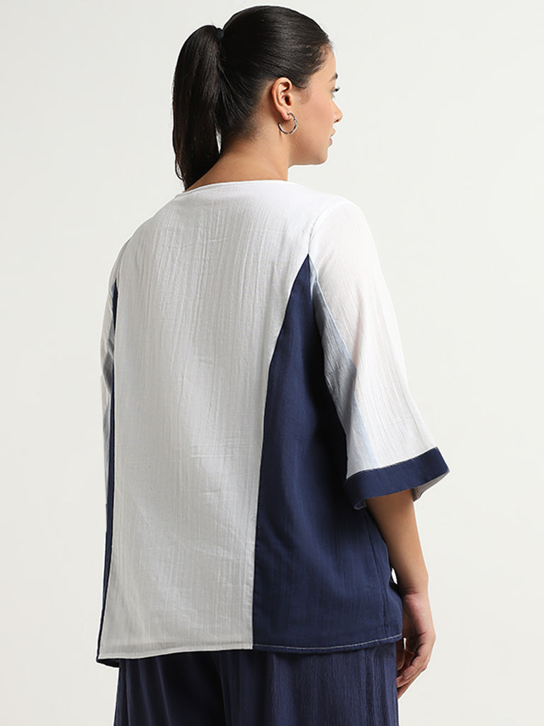 Gia White and Navy Colour Block Cotton Blouse