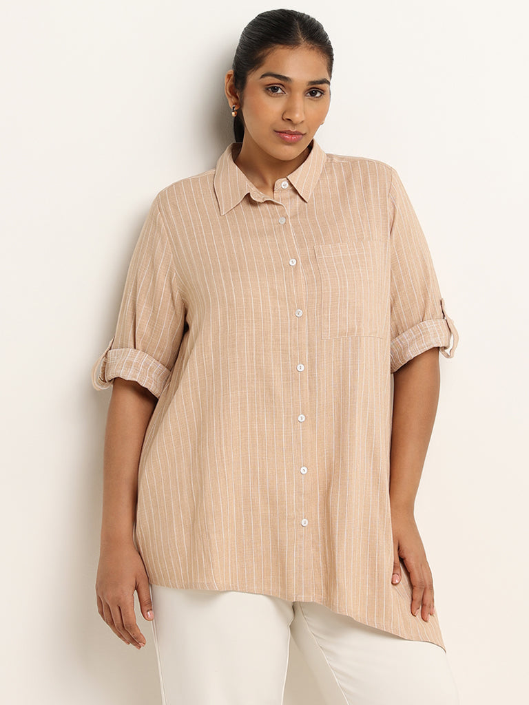 Gia Beige Striped Blended Linen Asymmetric Shirt