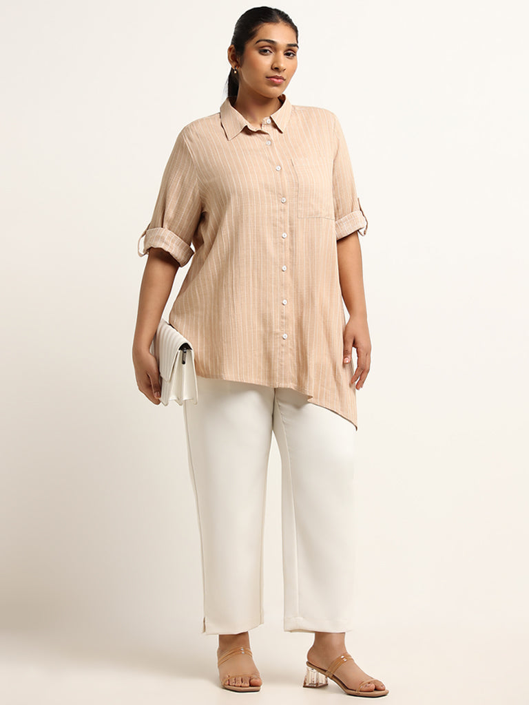 Gia Beige Striped Blended Linen Asymmetric Shirt