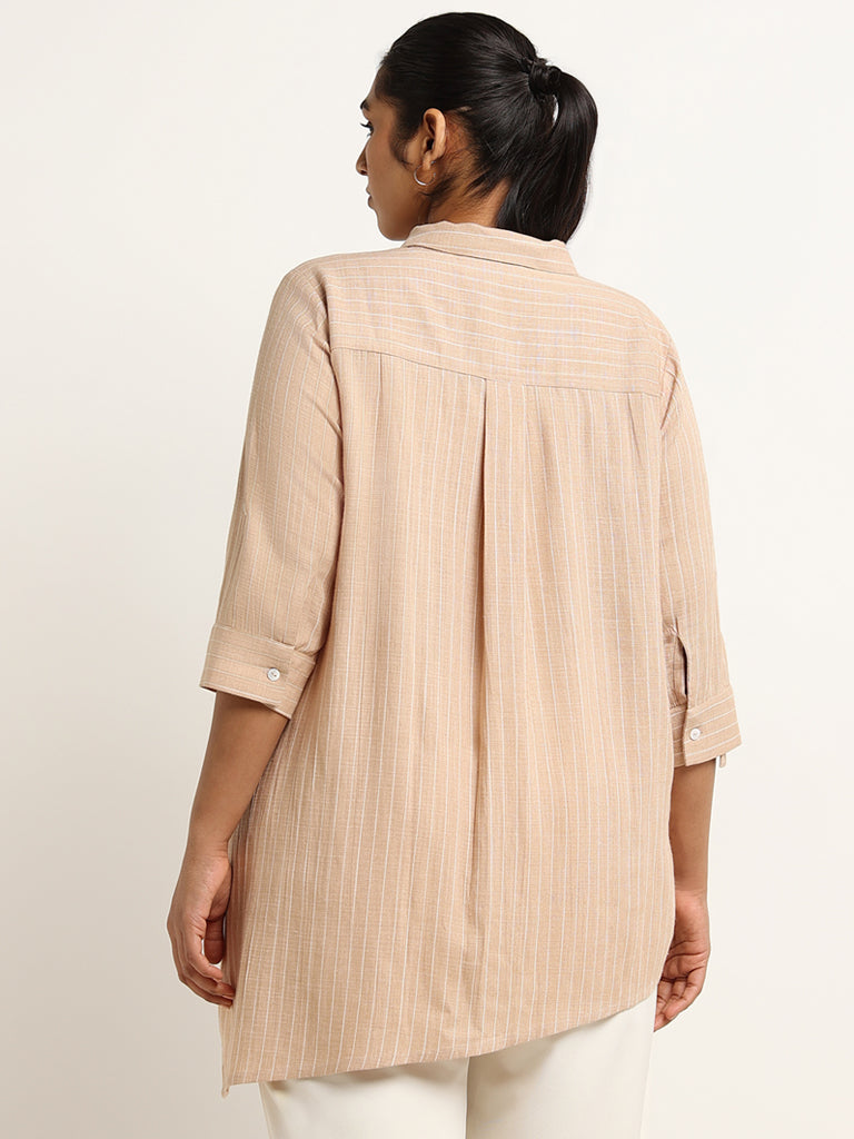 Gia Beige Striped Blended Linen Asymmetric Shirt