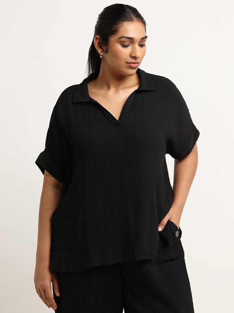 Gia Solid Black V Neck Top