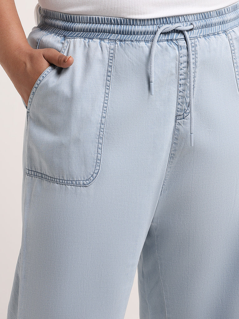 Gia Light Blue Chambray Cotton Blend Straight-Fit Pants