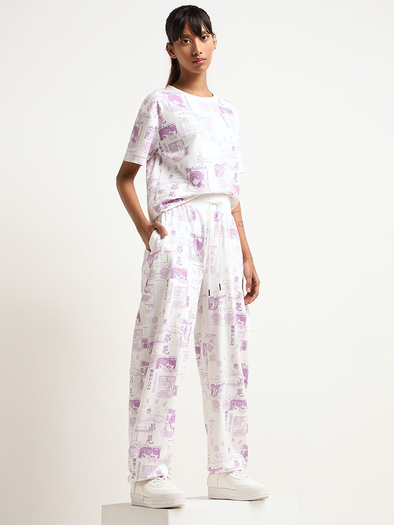 Studiofit White Mid Rise Printed Cotton Track Pants