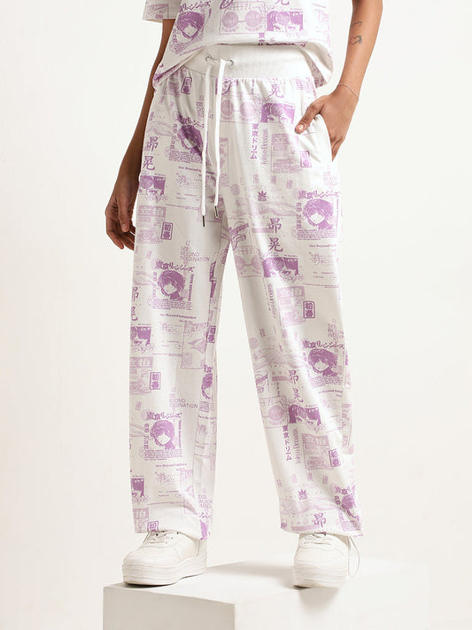 Studiofit White Mid Rise Printed Cotton Track Pants