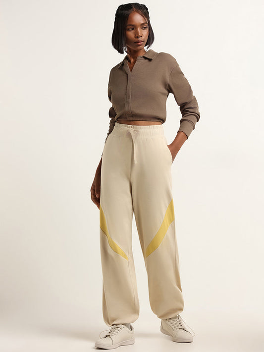 Studiofit Beige Mid Rise Cotton Straight Fit Track Pants