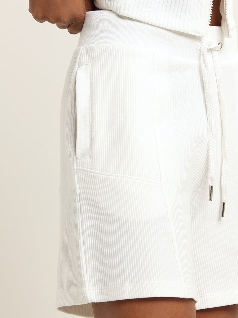 Studiofit White Mid Rise Cotton Ribbed Shorts