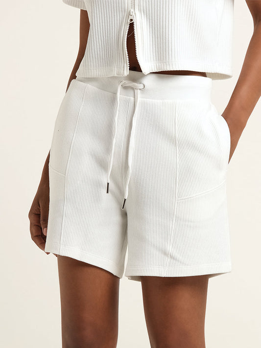 Studiofit White Mid Rise Cotton Ribbed Shorts