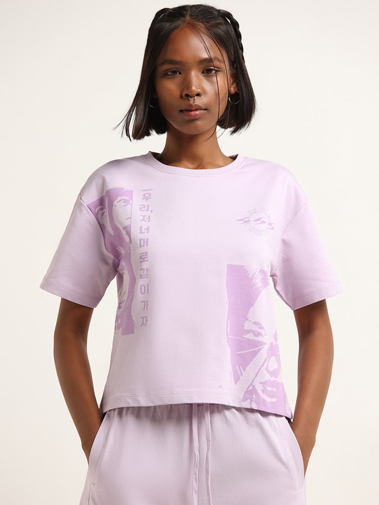 Studiofit Lilac Relaxed Fit Contrast Print T-Shirt