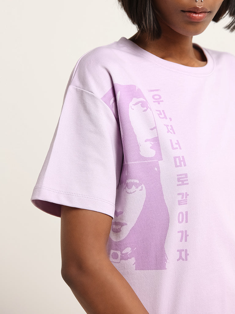 Studiofit Lilac Relaxed Fit Contrast Print T-Shirt