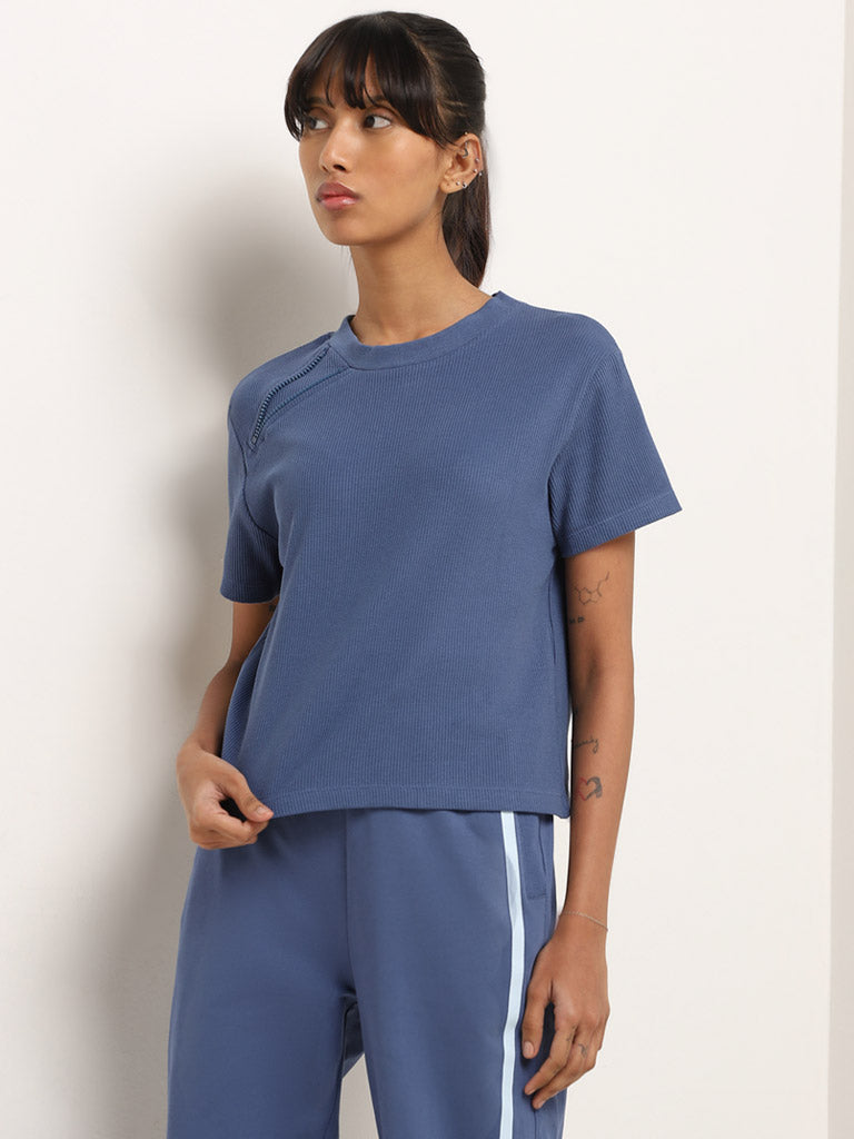 Studiofit Blue Ribbed Textured Cotton T-Shirt