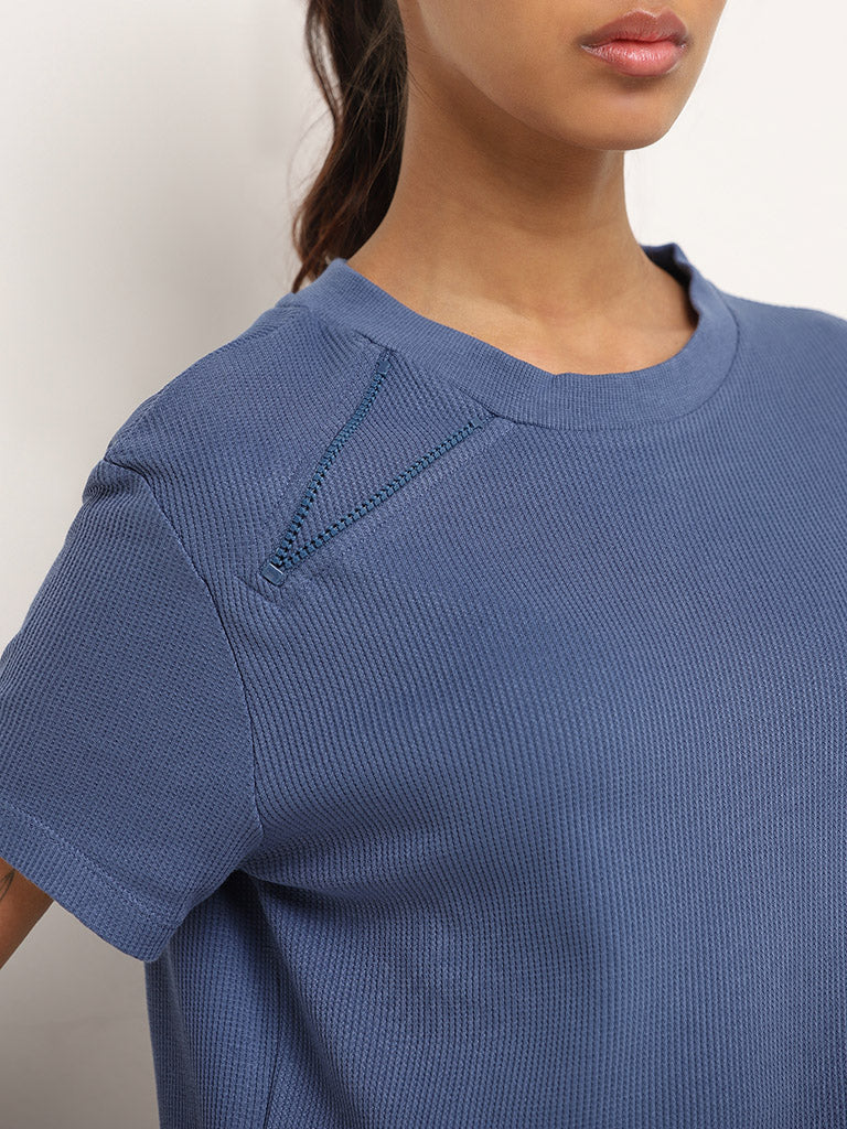 Studiofit Blue Ribbed Textured Cotton T-Shirt