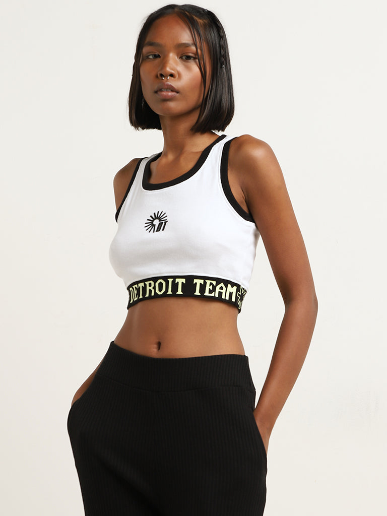 Studiofit White and Black Text Printed Cotton Blend Crop Top