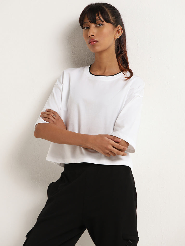 Studiofit Solid White Cotton Crop T-Shirt