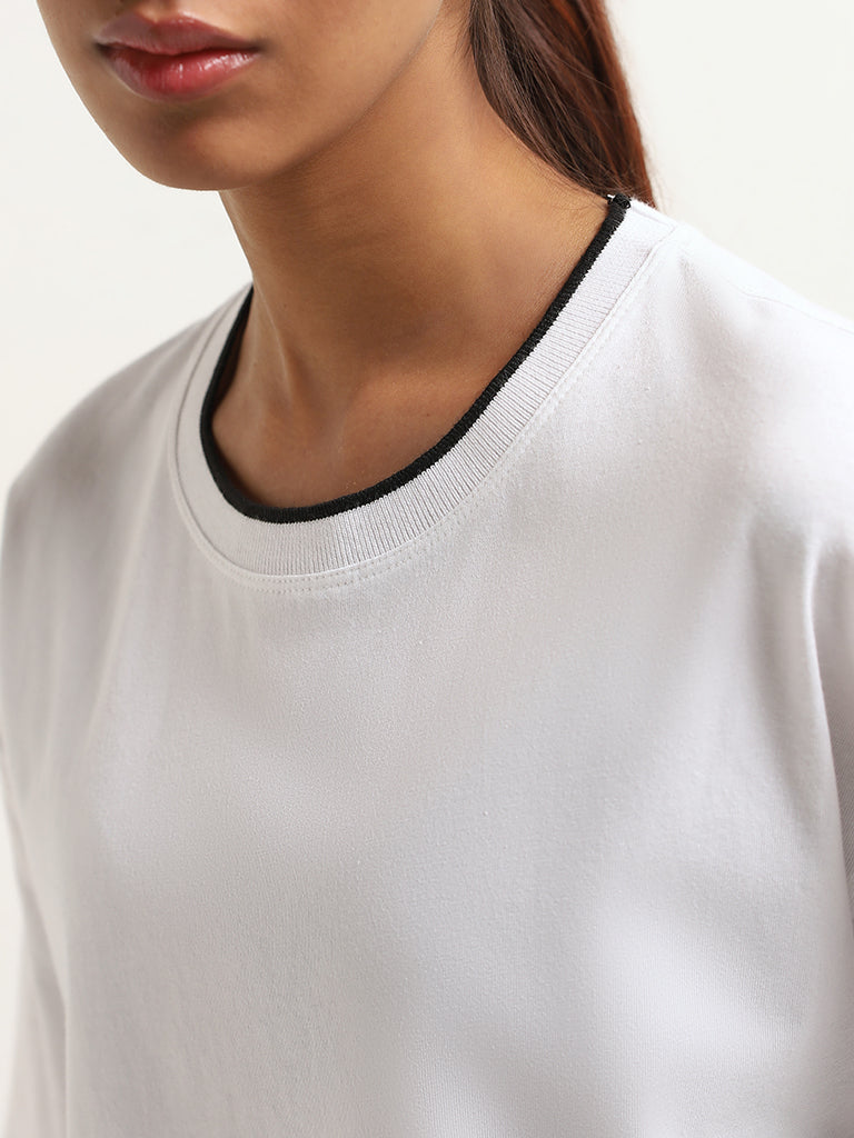 Studiofit Solid White Cotton Crop T-Shirt