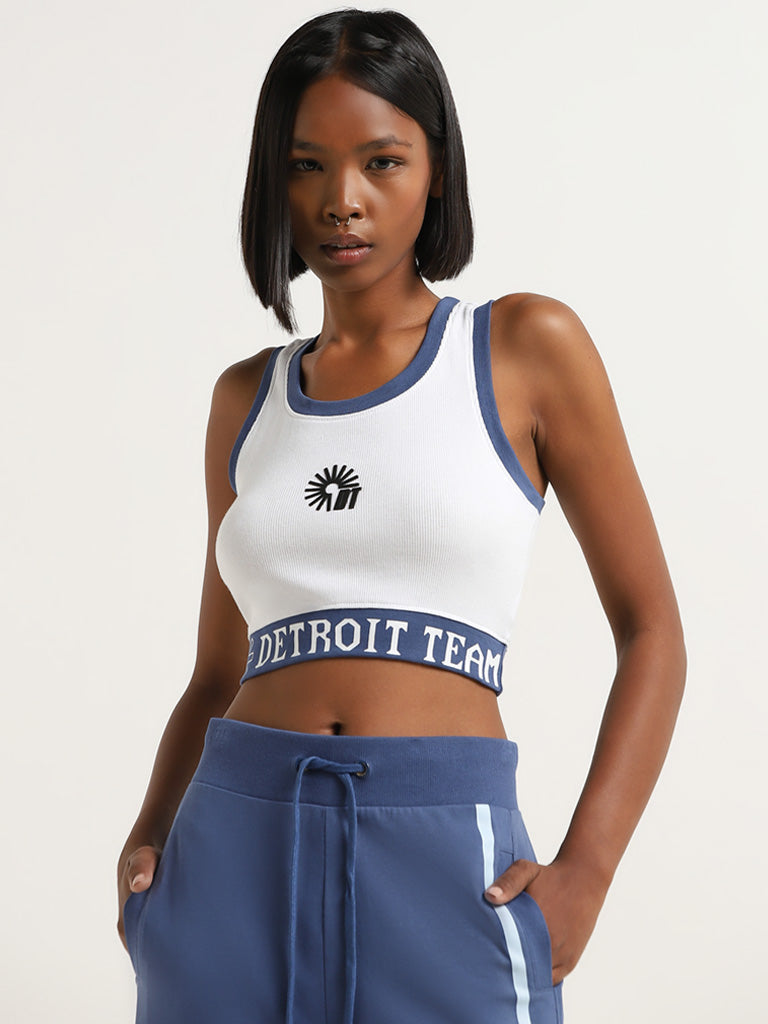 Studiofit White and Blue Text Printed Cotton Blend Crop Top