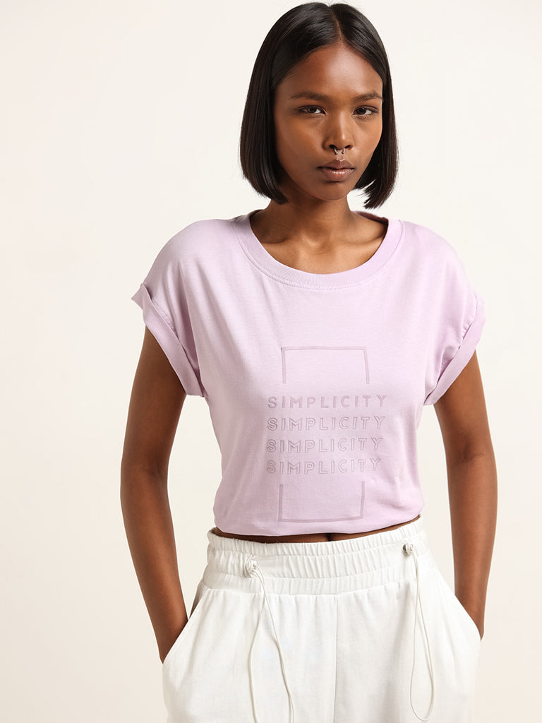 Studiofit Lilac Text Printed Cotton T-Shirt