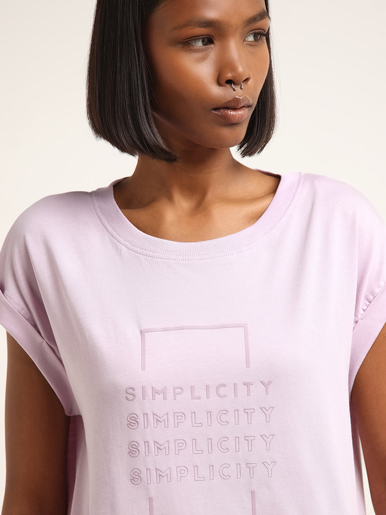 Studiofit Lilac Text Printed Cotton T-Shirt