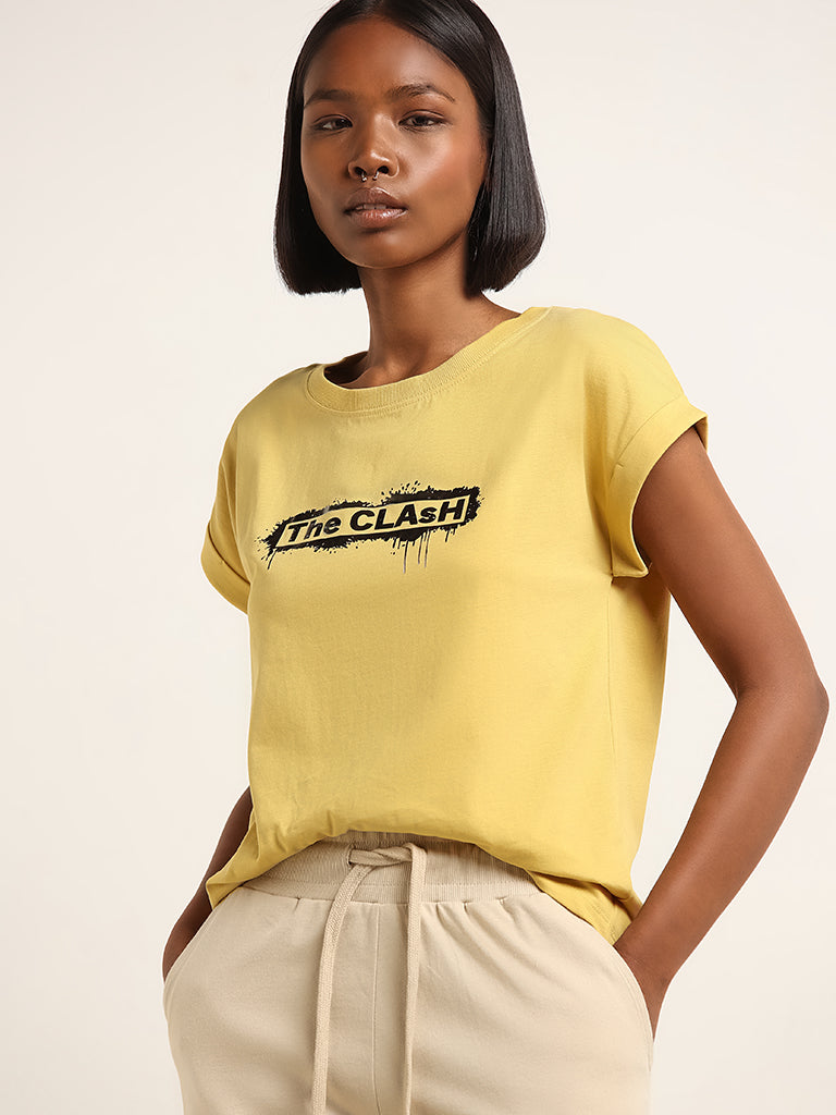 Studiofit Yellow Text Printed Cotton T-Shirt