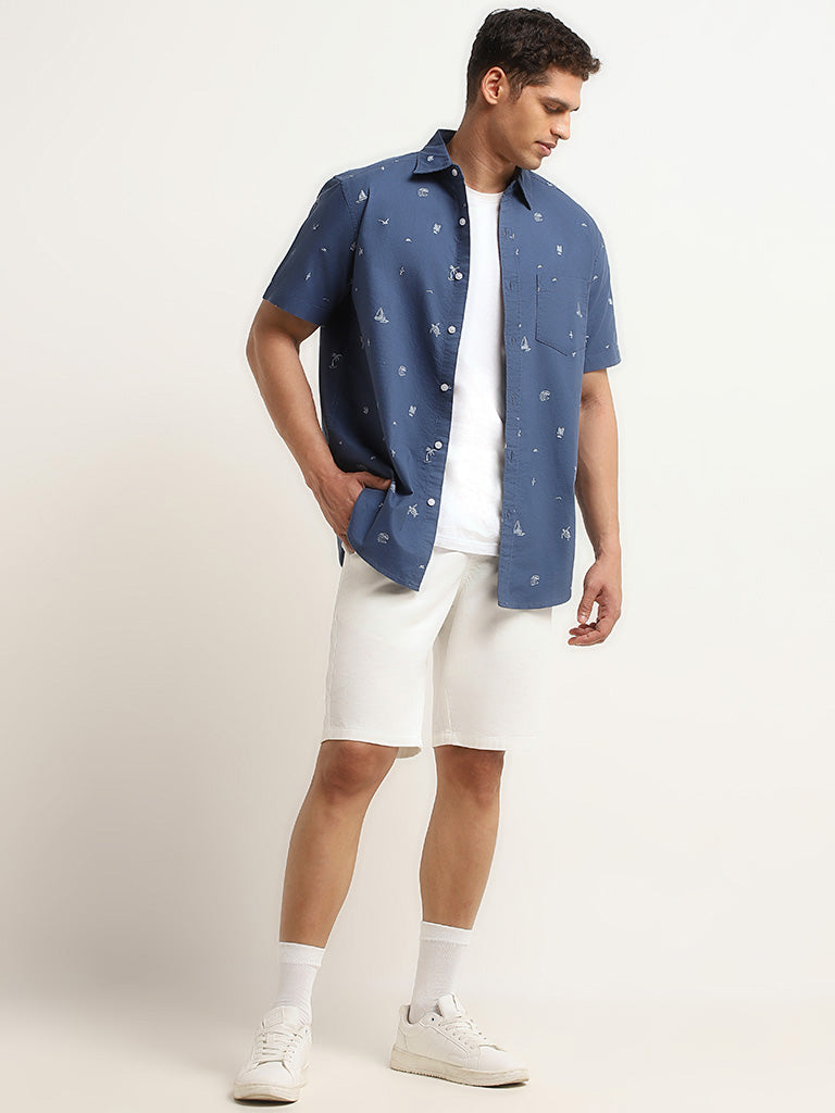 WES Casuals Blue Printed Cotton Relaxed Fit Shirt