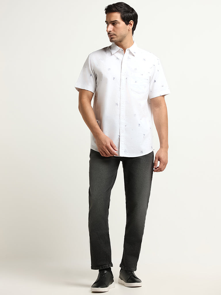 WES Casuals White Printed Cotton Relaxed Fit Shirt