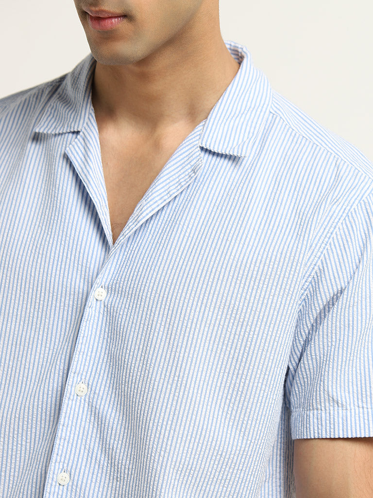 WES Casuals Blue Striped Design Relaxed-Fit Cotton Shirt