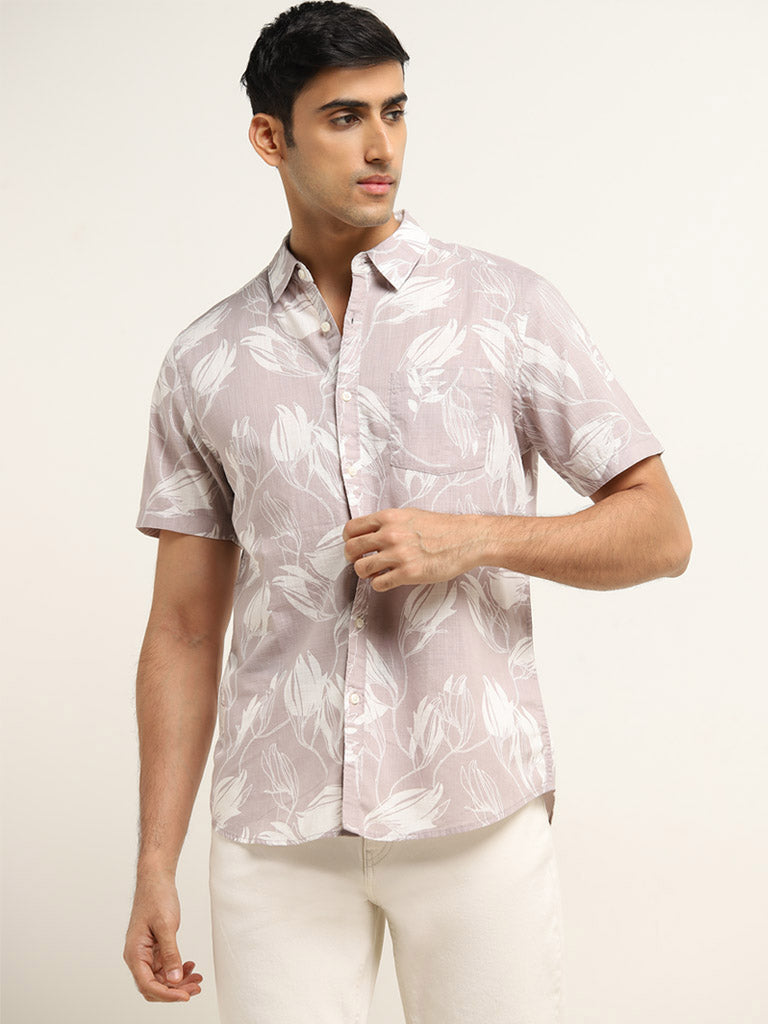 WES Casuals Mauve Floral Printed Slim Fit Shirt