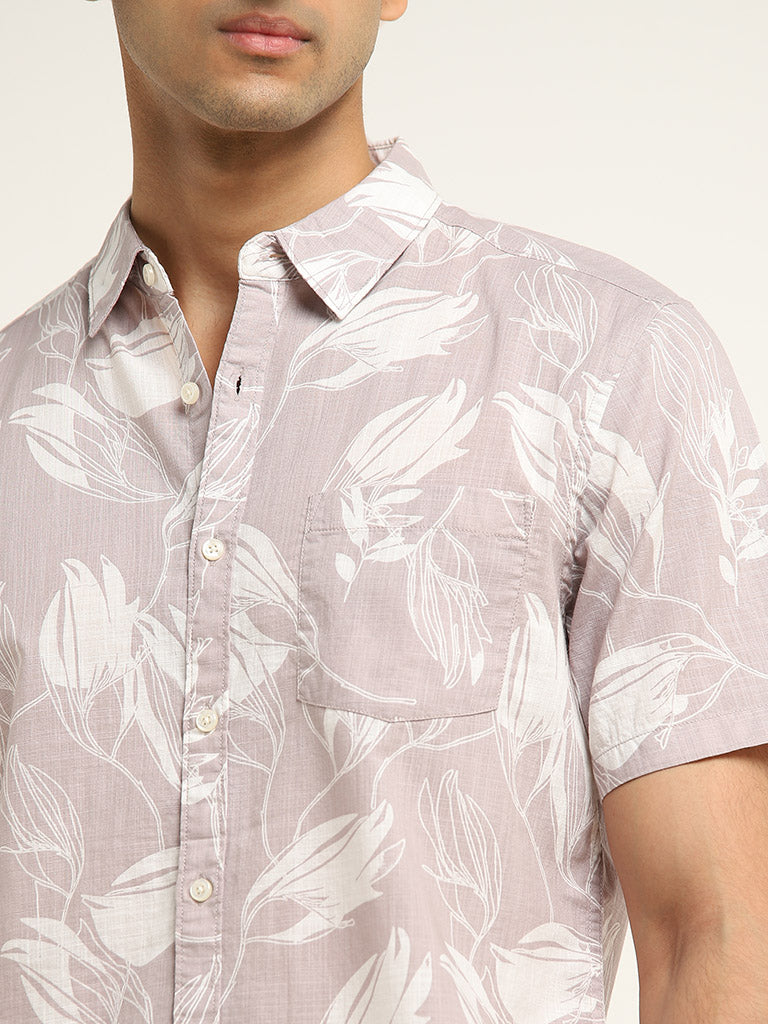 WES Casuals Mauve Floral Printed Slim Fit Shirt