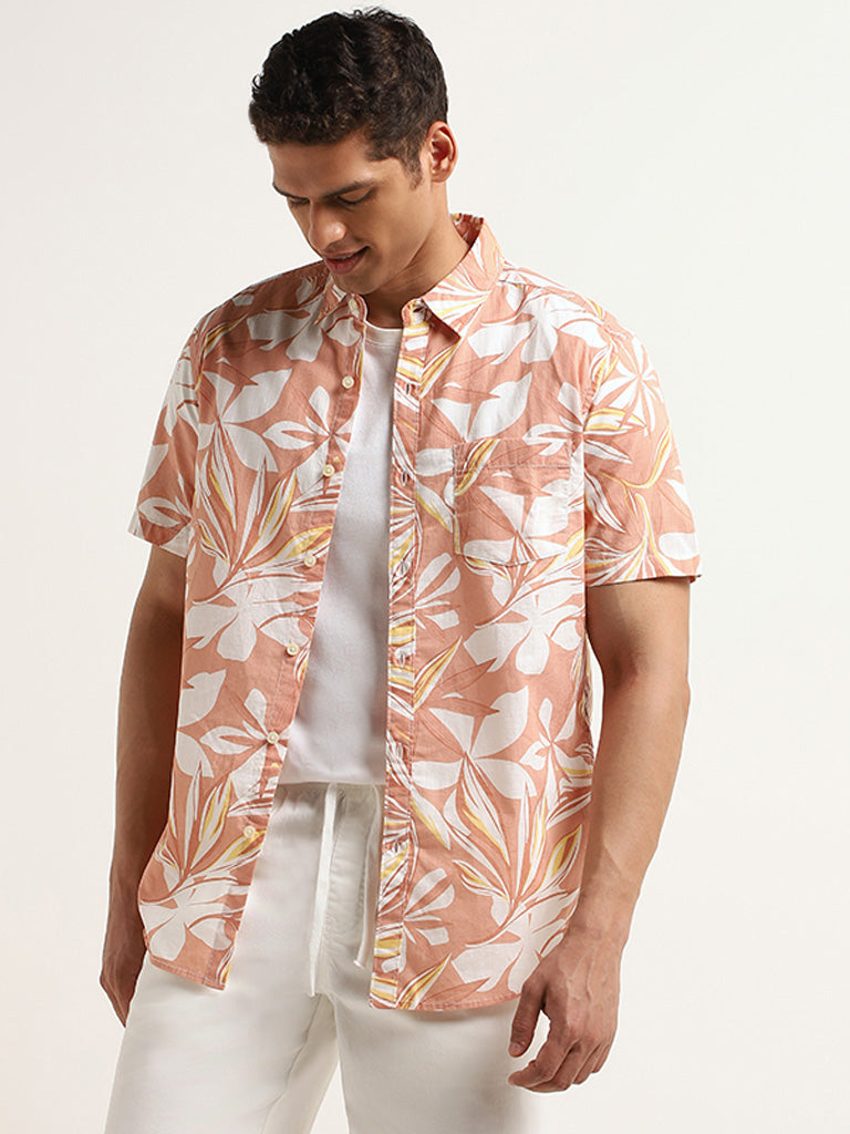 WES Casuals Peach Floral Print Slim Fit Shirt