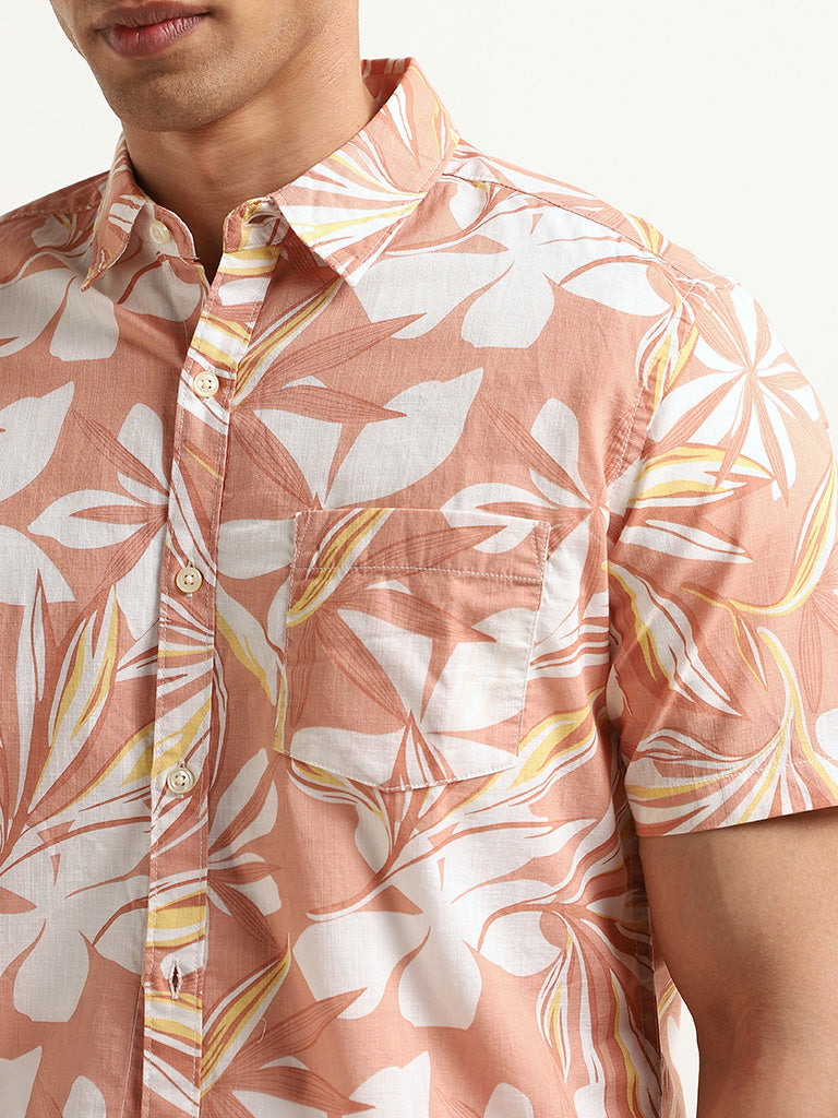 WES Casuals Peach Floral Print Slim Fit Shirt