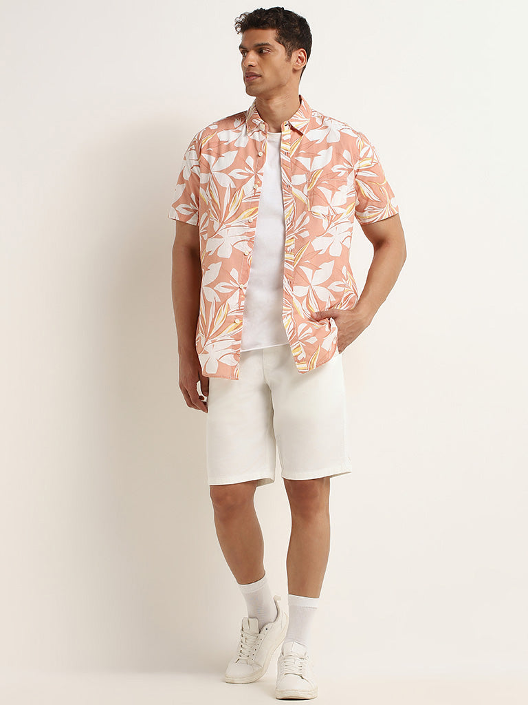 WES Casuals Peach Floral Print Slim Fit Shirt