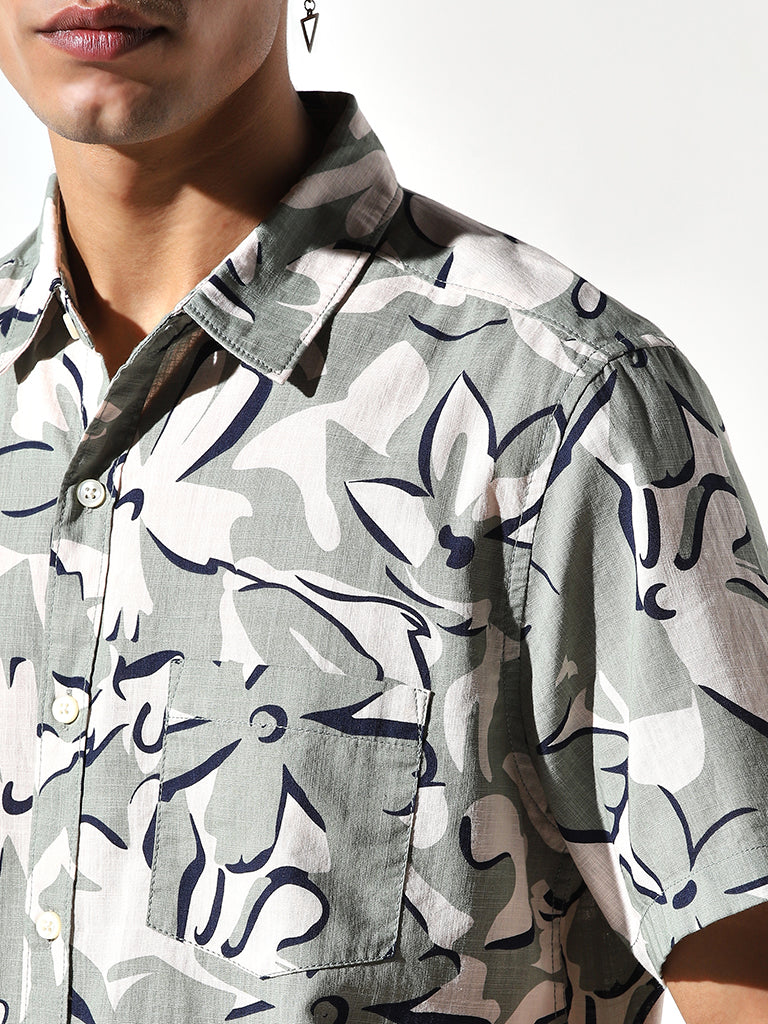 WES Casuals Sage Floral Printed Slim Fit Shirt