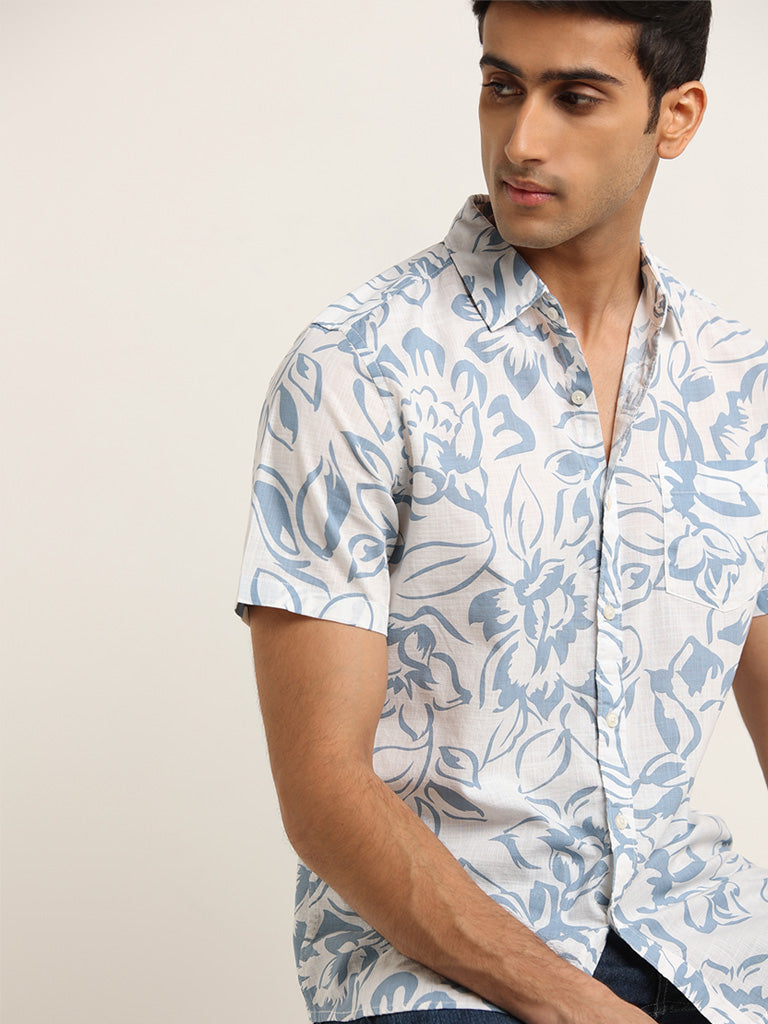 WES Casuals Light Blue Floral Print Slim Fit Cotton Shirt